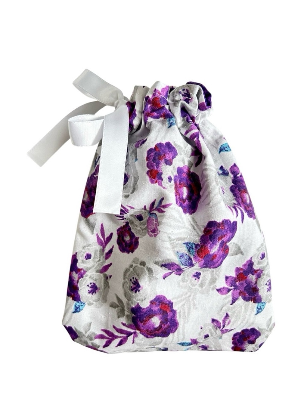 Hand Crafted Purple Floral Lined Fabric Gift Bag Reusable EcoFriendly Drawstring
